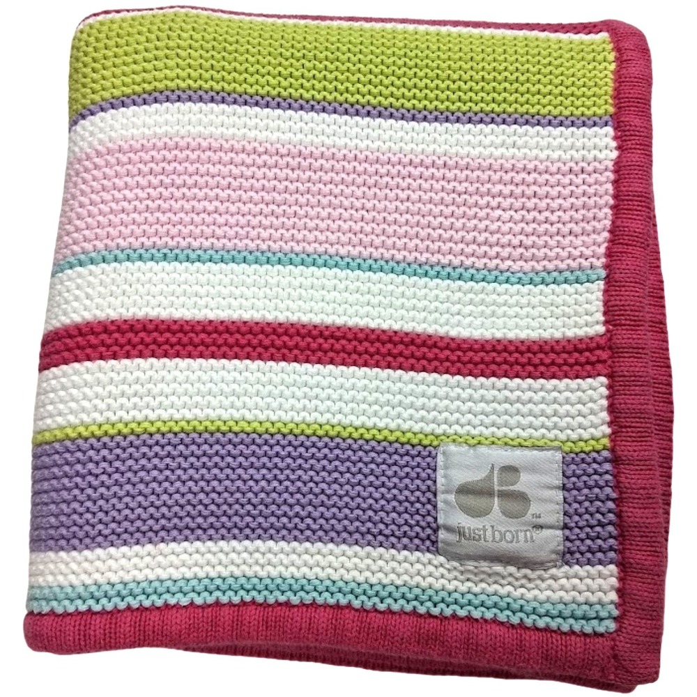 Just Born Baby Girl Knit Stripe Blanket HTF Pink Purple White Green 30x40 Lovey